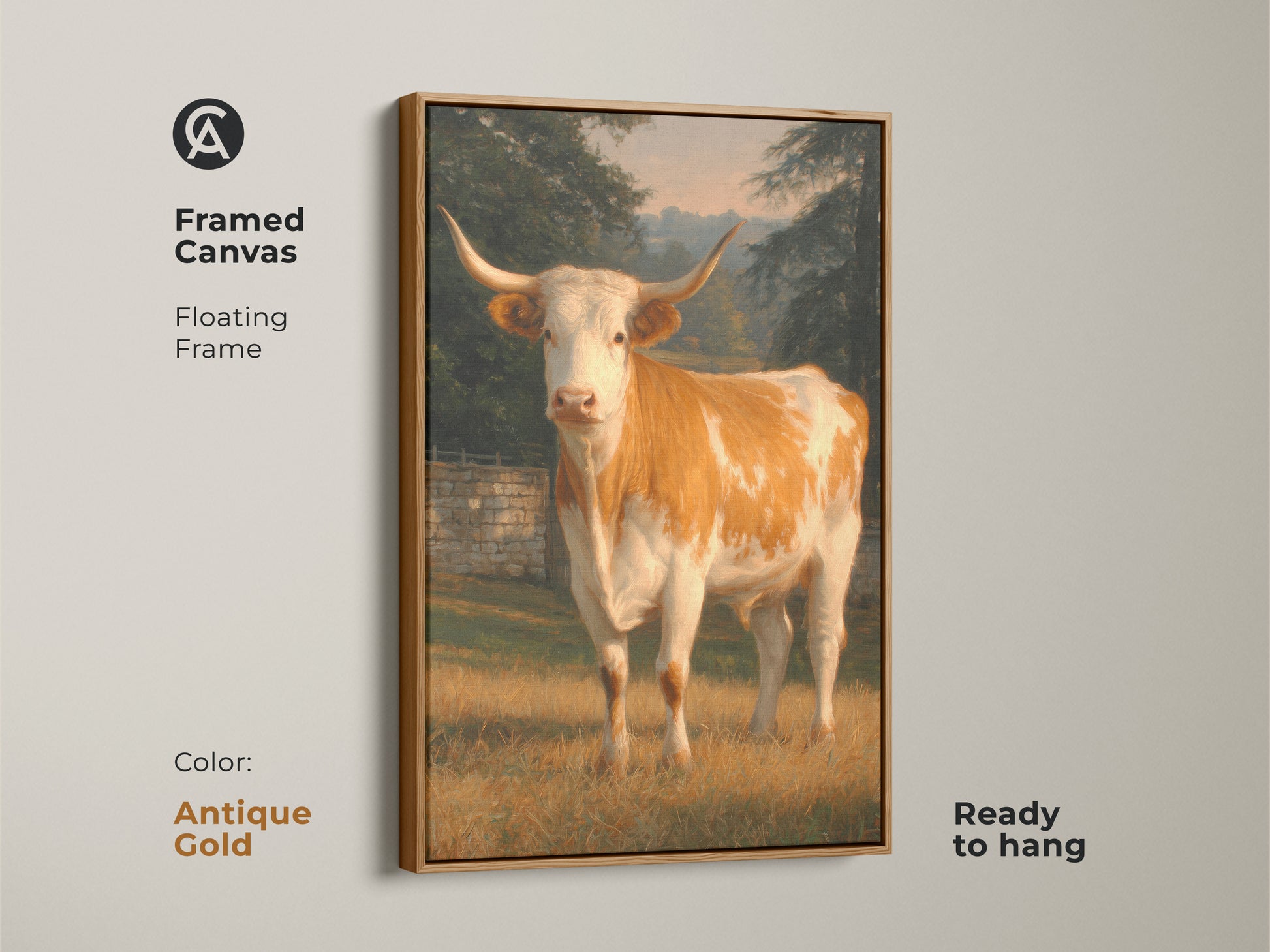Antique gold framed canvas art print of a longhorn cow. The floating frame gives the artwork a classic look. Ready to hang this piece adds a touch of vintage charm to your home decor. The antique gold frame enhances the artwork's rich tones. A timeless art piece.