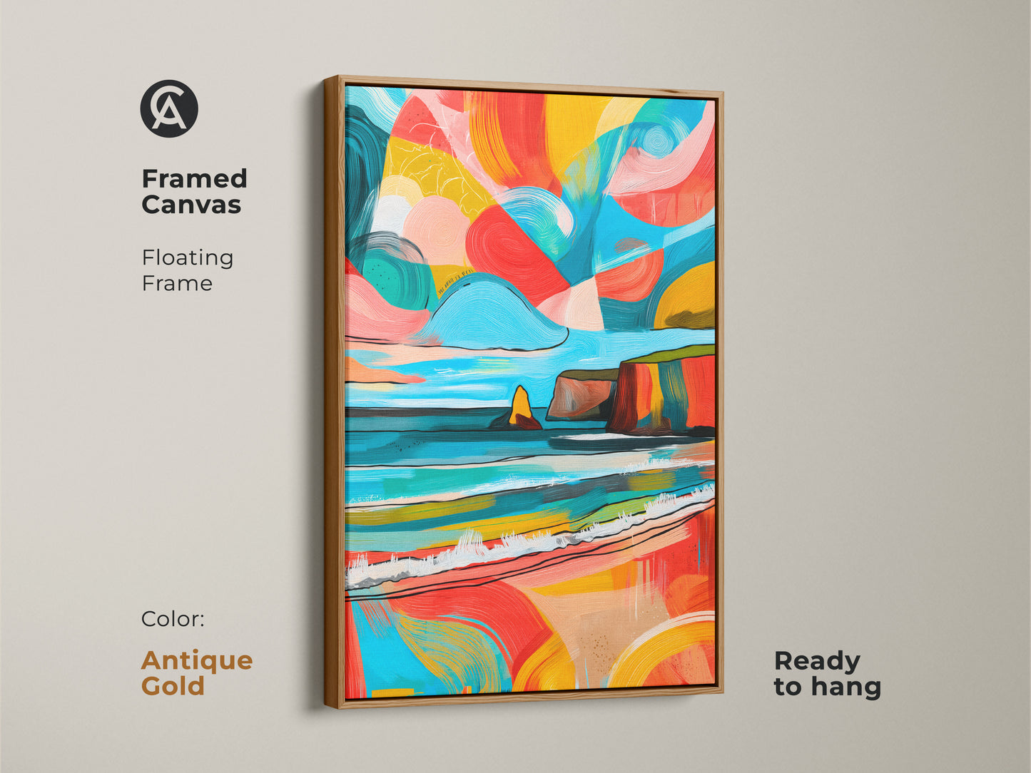 Framed canvas showcasing abstract coastal artwork in an antique gold floating frame. Ready to hang to bring art to your space. Teal yellow and coral mimic ocean waves and cliffs. Add a unique touch with this eclectic home gift.