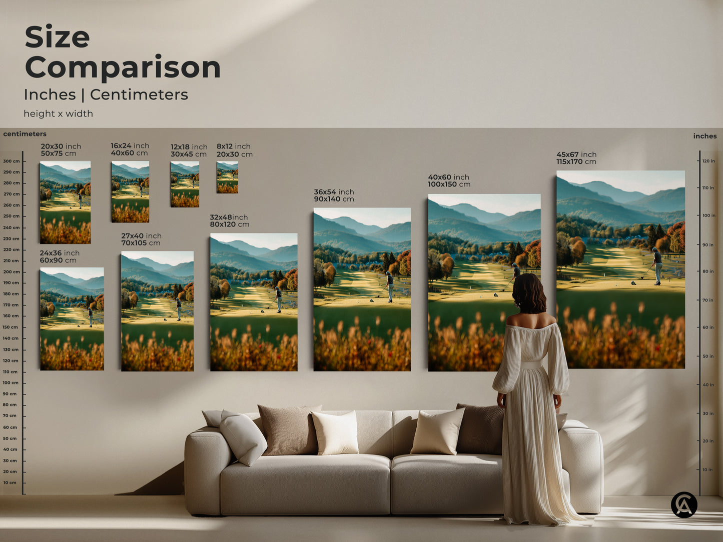 Compare sizes and visualize how this golf course artwork fits in your space. The image showcases the artwork in various sizes. From small prints to large statement pieces above a sofa. This artwork features a golfer on a lush course with mountains in the background.