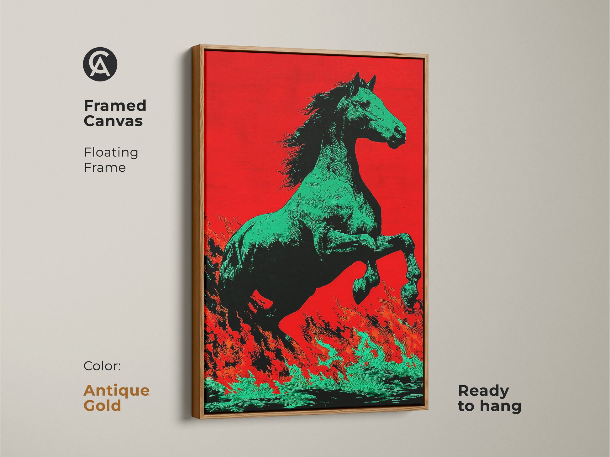 Framed canvas with an antique gold floating frame showing a green horse artwork. This pop art style artwork features a striking red and orange background. It is ready to hang. This unique equestrian print is suitable for modern pop art decor. The gold frame enhances the animal fantasy art.