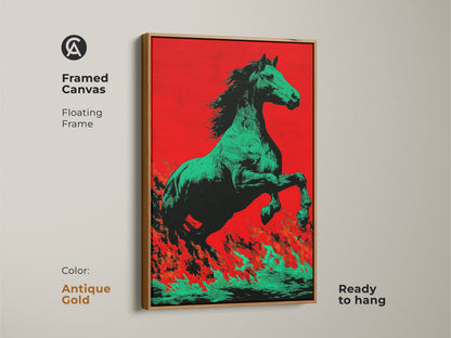 Framed canvas with an antique gold floating frame showing a green horse artwork. This pop art style artwork features a striking red and orange background. It is ready to hang. This unique equestrian print is suitable for modern pop art decor. The gold frame enhances the animal fantasy art.