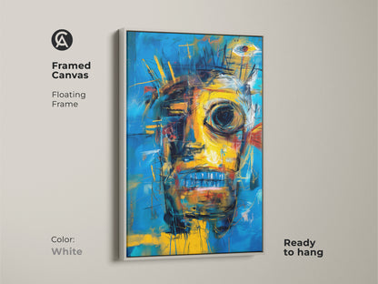 Framed canvas displaying a vivid abstract face artwork. The white floating frame offers a fresh clean aesthetic. This framed canvas comes ready to hang suitable for various interior styles. Its a stylish statement.