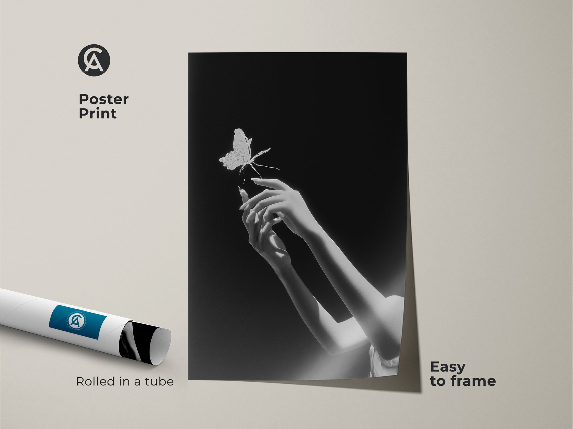 Monochrome butterfly art in a poster print. This minimalist black and white art is easy to frame. Featuring surreal hands reaching for a butterfly it is a perfect gift for artists. The rolled art print arrives in a tube. This contemporary artwork enhances bedroom art with symbolic nature.