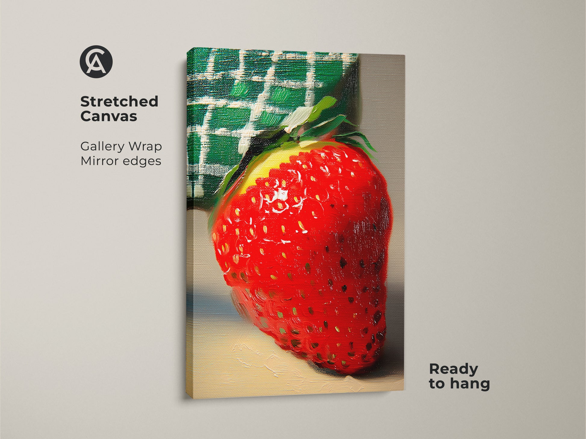 A stretched canvas featuring a red strawberry. This botanical kitchen art is a great foodie gift. The yellow and green art has an impressionist style. It is stretched and ready to hang. It will add to your dining room decor.