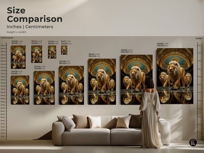 Compare sizes of the abstract gold lion art in inches and centimeters. From 16x24 to 45x67 inches this majestic animal painting fits any space. This animal royalty decor works well as a unique office wall decor or housewarming gift.