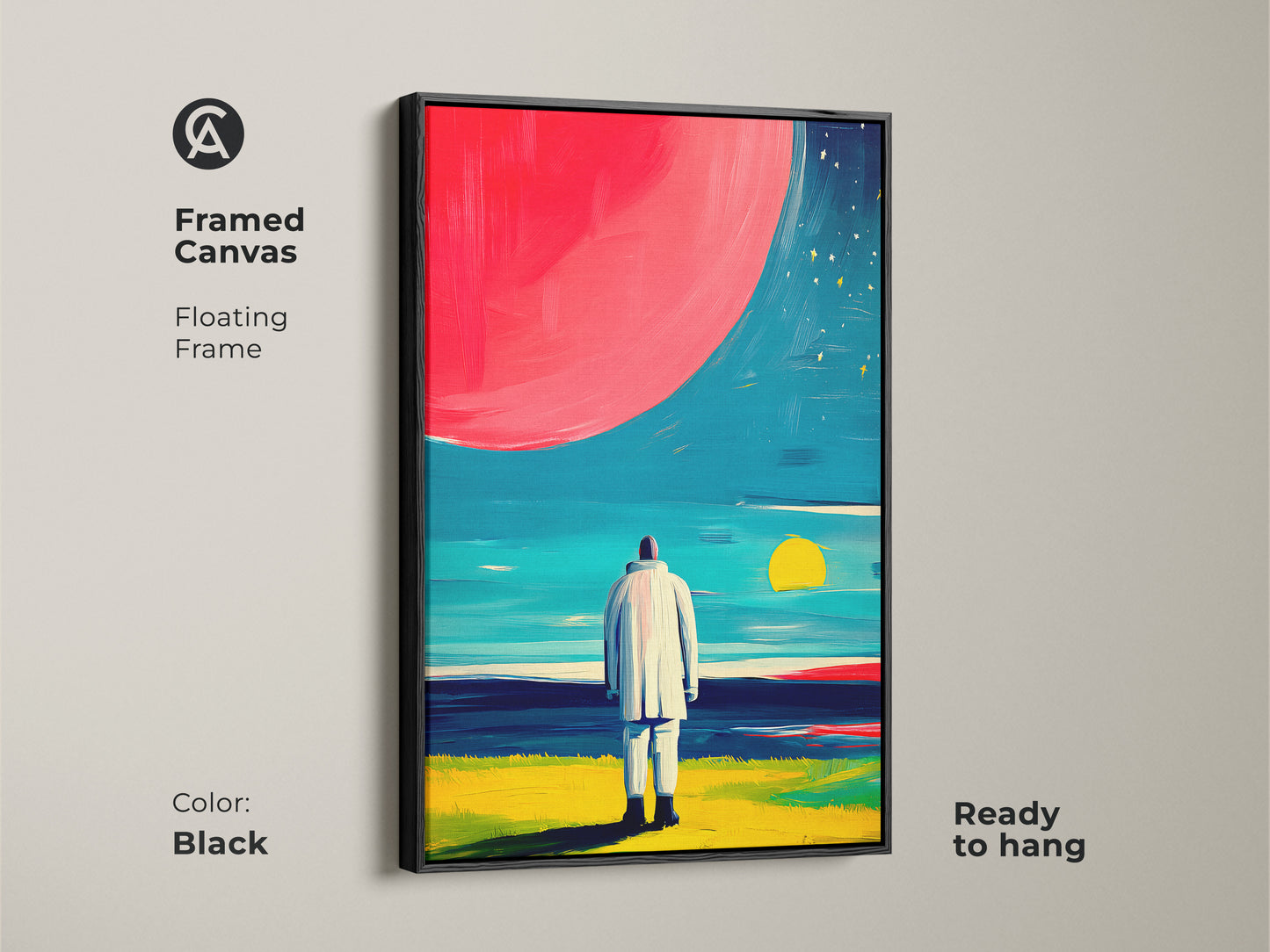 Framed canvas with floating frame. The black frame enhances the blue orange teal abstract. This art is ready to hang. Perfect as a modern office wall art print. The canvas art brings a contemporary aesthetic to any home.
