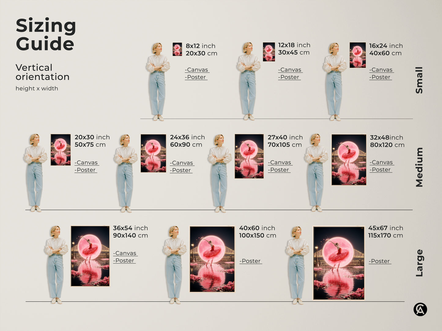 Sizing guide for vertical romantic ballerina canvas and poster prints. Available in small medium and large sizes. Find the perfect fit for your space. Choose from 8x12 to 45x67 inches. Transform your room with fantasy dance artwork.
