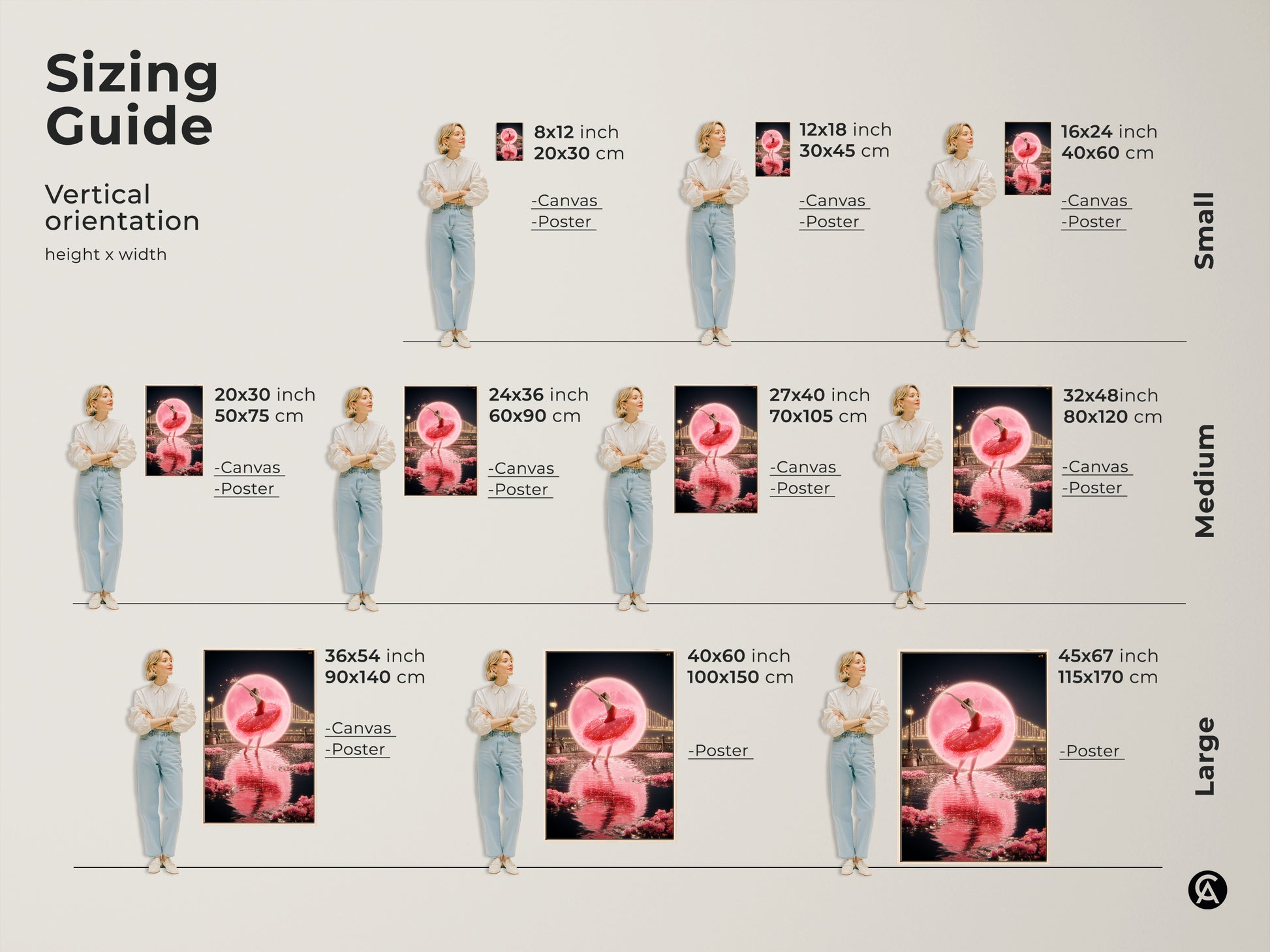 Sizing guide for vertical romantic ballerina canvas and poster prints. Available in small medium and large sizes. Find the perfect fit for your space. Choose from 8x12 to 45x67 inches. Transform your room with fantasy dance artwork.