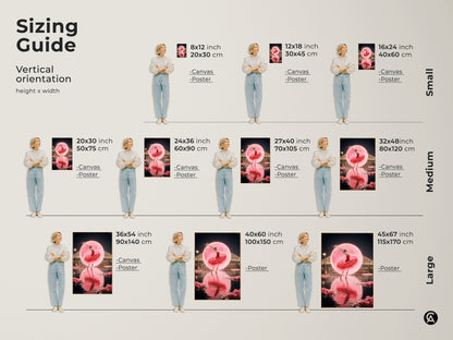 Sizing guide for vertical romantic ballerina canvas and poster prints. Available in small medium and large sizes. Find the perfect fit for your space. Choose from 8x12 to 45x67 inches. Transform your room with fantasy dance artwork.