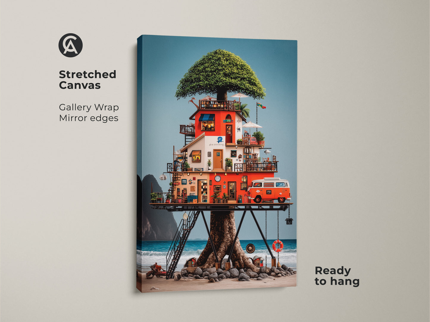 This stretched canvas features an eclectic treehouse beach art print. The vintage camper van wall art pops with red orange and blue hues. This nature canvas is ready to hang. The gallery wrap with mirror edges enhances the surreal architecture print.