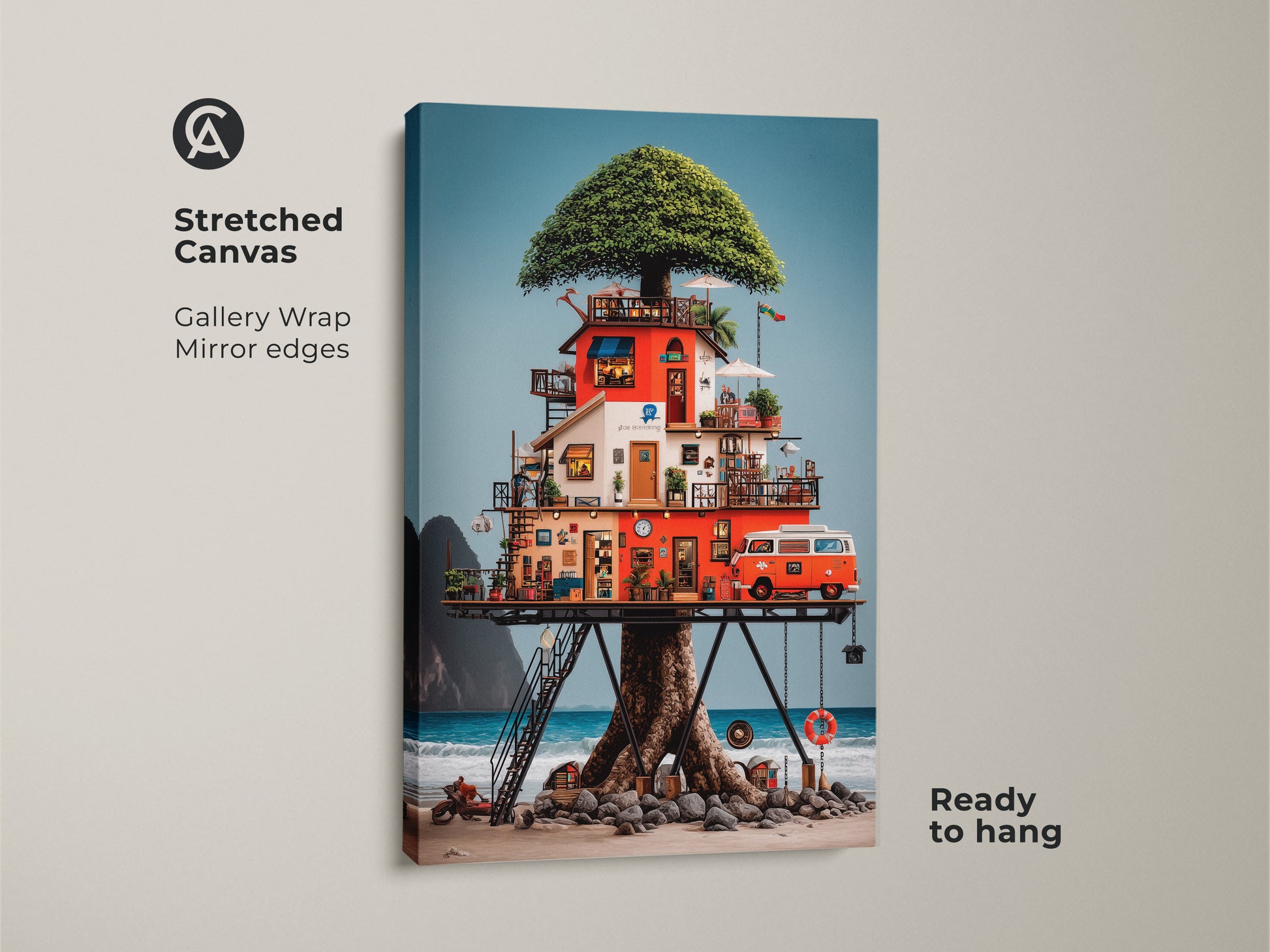 This stretched canvas features an eclectic treehouse beach art print. The vintage camper van wall art pops with red orange and blue hues. This nature canvas is ready to hang. The gallery wrap with mirror edges enhances the surreal architecture print.