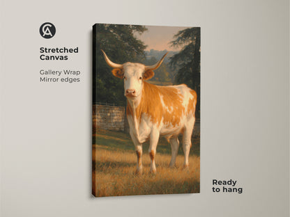 Stretched canvas art showcasing a longhorn cow in a field. The gallery wrap gives it a modern look. The mirror edges enhance the artwork's depth. Ready to hang this canvas print adds a touch of rural beauty to your home decor. A fine art print for animal lovers.