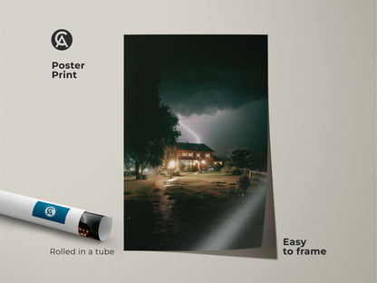 This poster print features a house illuminated by a dramatic lightning strike. Rolled in a tube it's easy to frame and display. This atmospheric nature artwork has a dark blue and yellow palette. An ideal modern home decor and a unique landscape print.