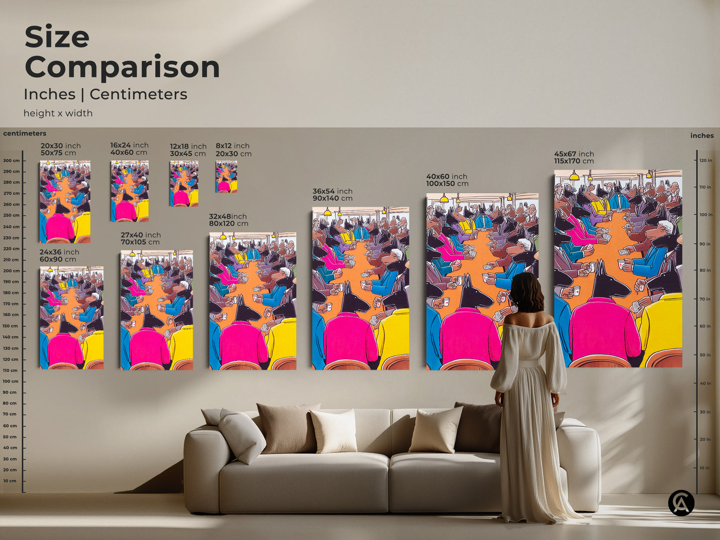 Size comparison of the dogs playing poker artwork. Inches and centimeters are shown. Sizes range from 8x12 inch to 45x67 inch. A woman stands in front of the artwork to show scale. Find the perfect size to enhance your space.