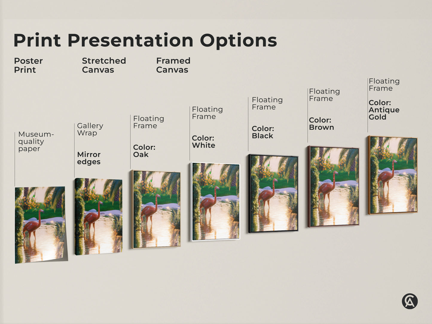 Explore print presentation options for this tropical flamingo artwork. Choose from poster prints stretched canvas or framed canvas. Each offers museum-quality paper gallery wrap or floating frames. Select from colors like white black brown oak and antique gold. Find the perfect style for your boho decor.