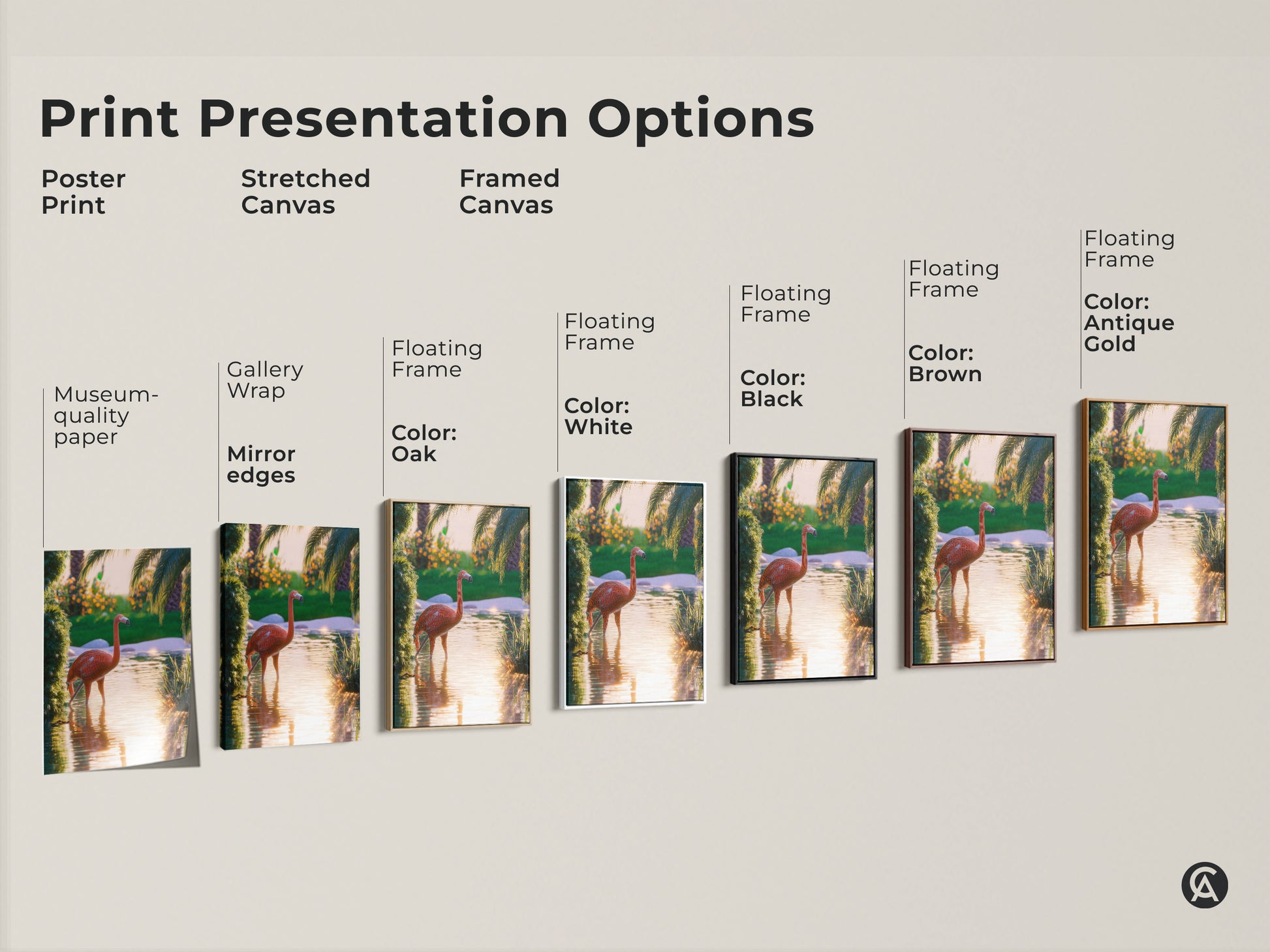Explore print presentation options for this tropical flamingo artwork. Choose from poster prints stretched canvas or framed canvas. Each offers museum-quality paper gallery wrap or floating frames. Select from colors like white black brown oak and antique gold. Find the perfect style for your boho decor.
