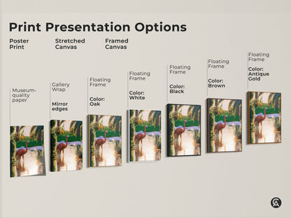 Explore print presentation options for this tropical flamingo artwork. Choose from poster prints stretched canvas or framed canvas. Each offers museum-quality paper gallery wrap or floating frames. Select from colors like white black brown oak and antique gold. Find the perfect style for your boho decor.