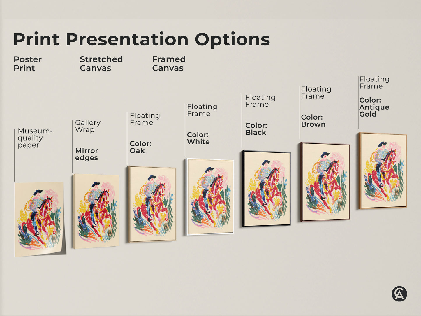 Print presentation options featuring the cowboy riding horse art. Options include poster print stretched canvas and framed canvas. Floating frame colors include oak white black brown and antique gold.