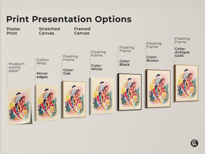Print presentation options featuring the cowboy riding horse art. Options include poster print stretched canvas and framed canvas. Floating frame colors include oak white black brown and antique gold.
