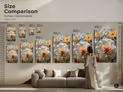 Size comparison for floral artwork in inches and centimeters. See how different sizes of canvas and poster prints fit above a sofa. Visualize the impact of large-scale floral art in your living room. Find the perfect size.