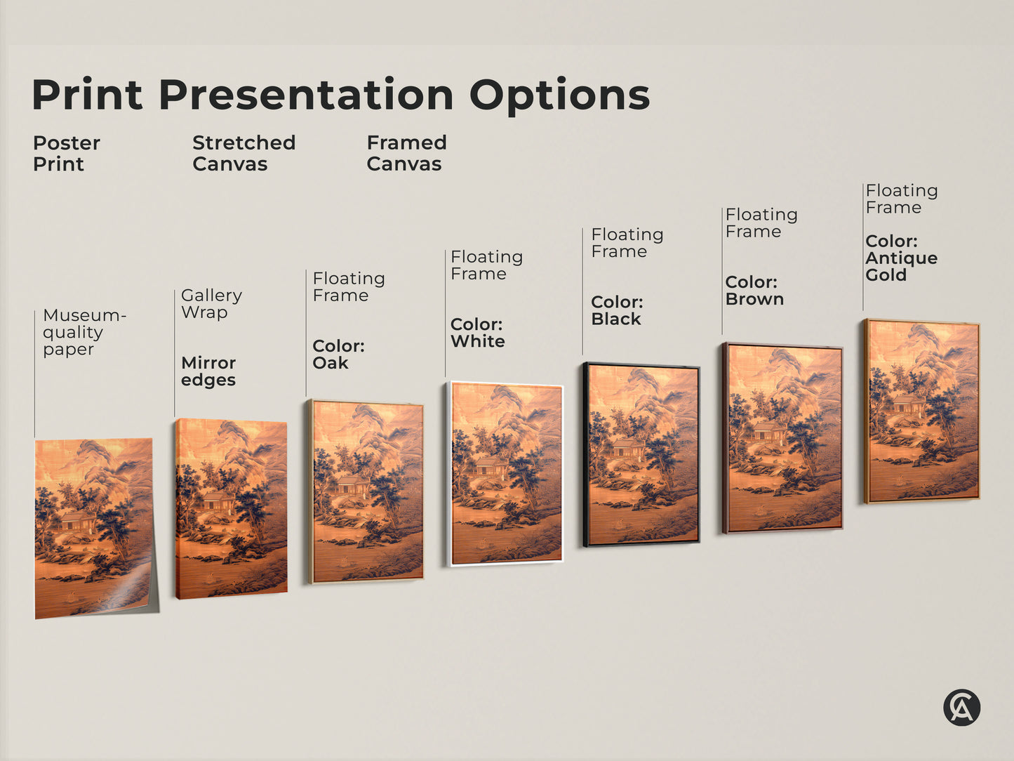 Explore print presentation options for ink wash mountain landscape art. Choose from poster prints stretched canvas or framed canvas. Sepia and navy tones enhance traditional Asian wall decor. Find the perfect zen meditation art for your space housewarming gift.
