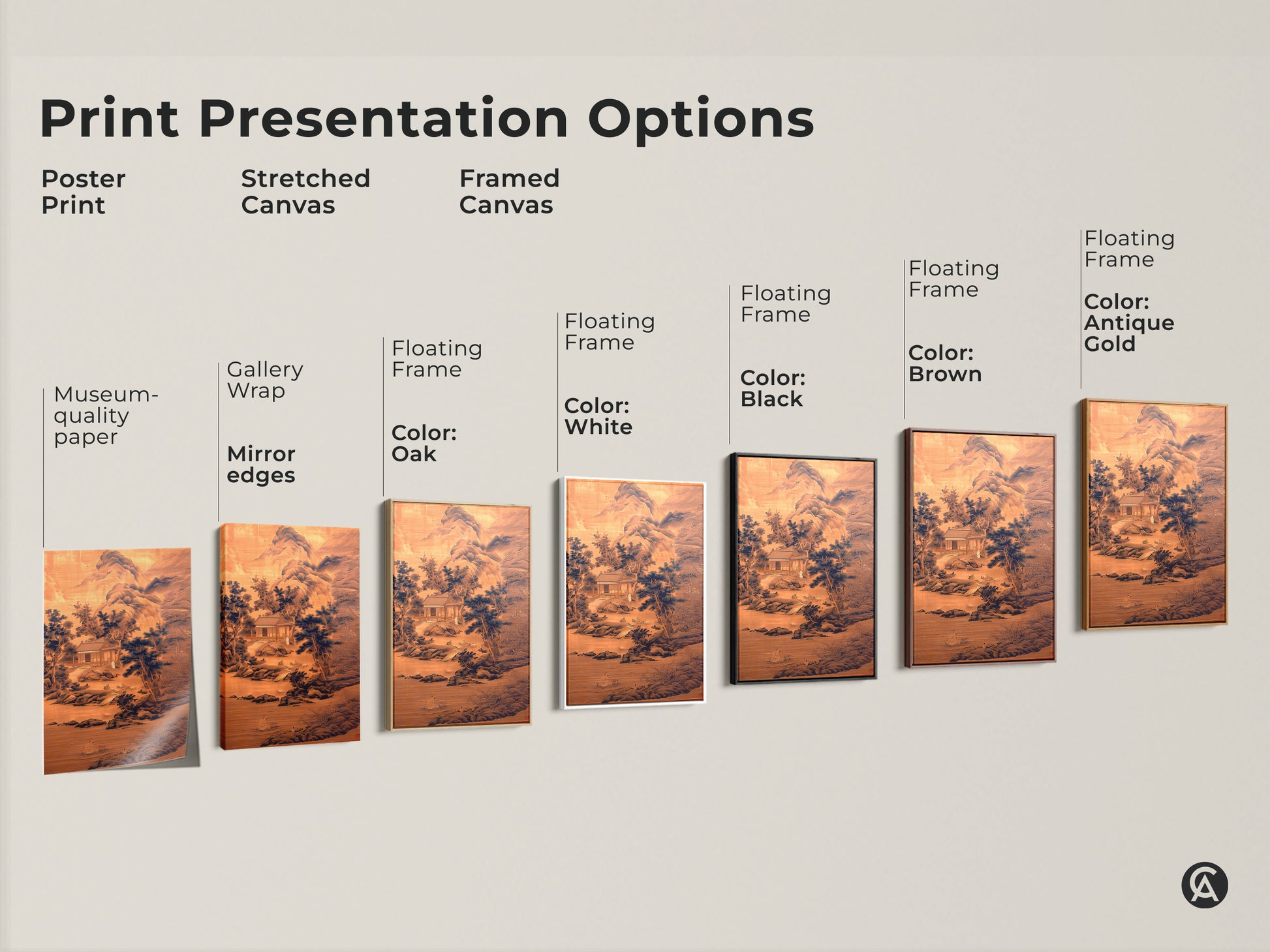 Explore print presentation options for ink wash mountain landscape art. Choose from poster prints stretched canvas or framed canvas. Sepia and navy tones enhance traditional Asian wall decor. Find the perfect zen meditation art for your space housewarming gift.