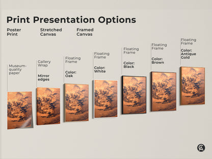 Explore print presentation options for ink wash mountain landscape art. Choose from poster prints stretched canvas or framed canvas. Sepia and navy tones enhance traditional Asian wall decor. Find the perfect zen meditation art for your space housewarming gift.