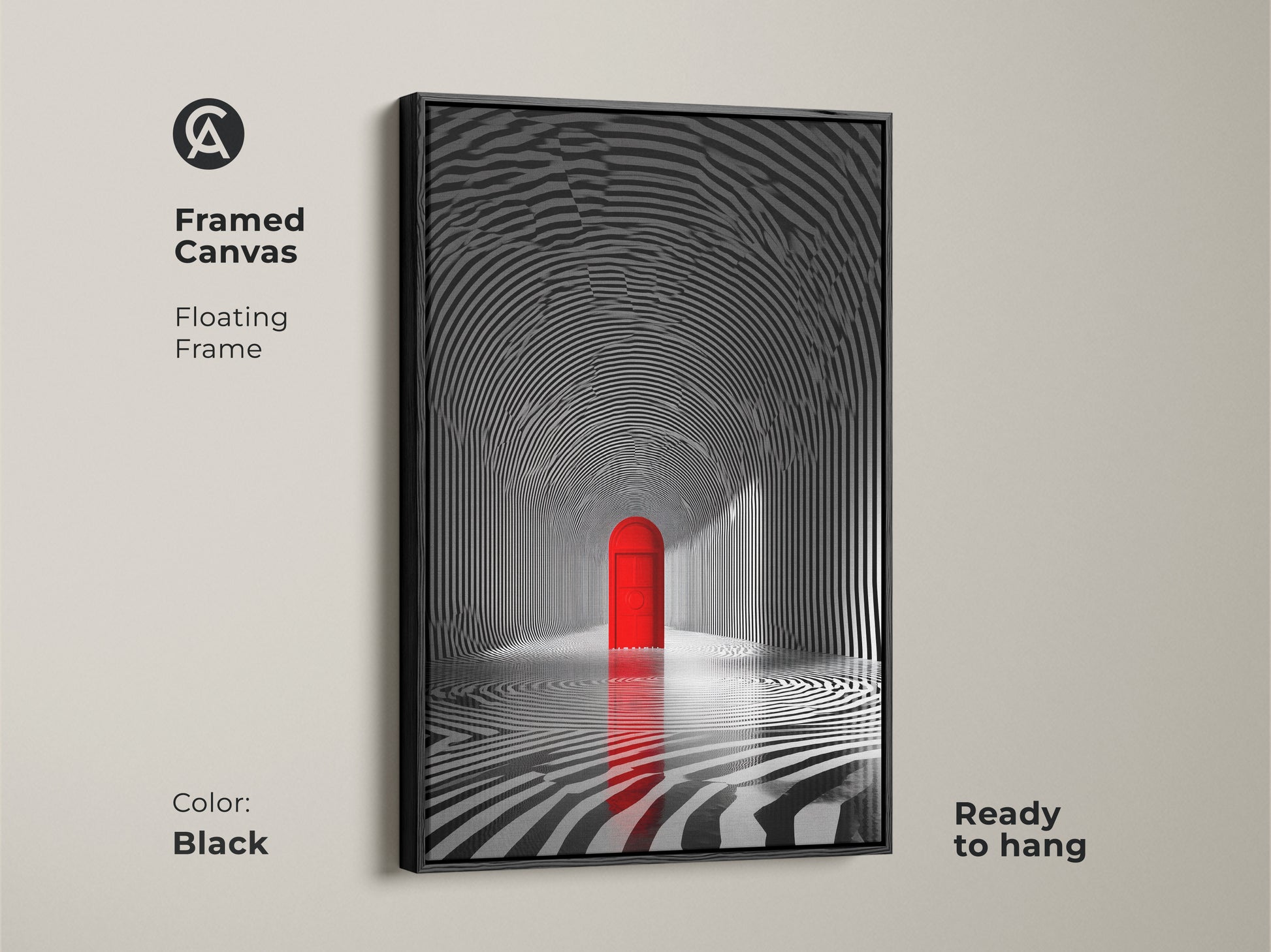Framed canvas artwork showcasing a striped tunnel and a red door. It features a black floating frame enhancing the modern style. This ready-to-hang piece brings a touch of depth and contrast to your walls. A perfect addition to any contemporary art collection.