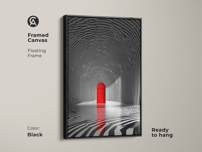Framed canvas artwork showcasing a striped tunnel and a red door. It features a black floating frame enhancing the modern style. This ready-to-hang piece brings a touch of depth and contrast to your walls. A perfect addition to any contemporary art collection.