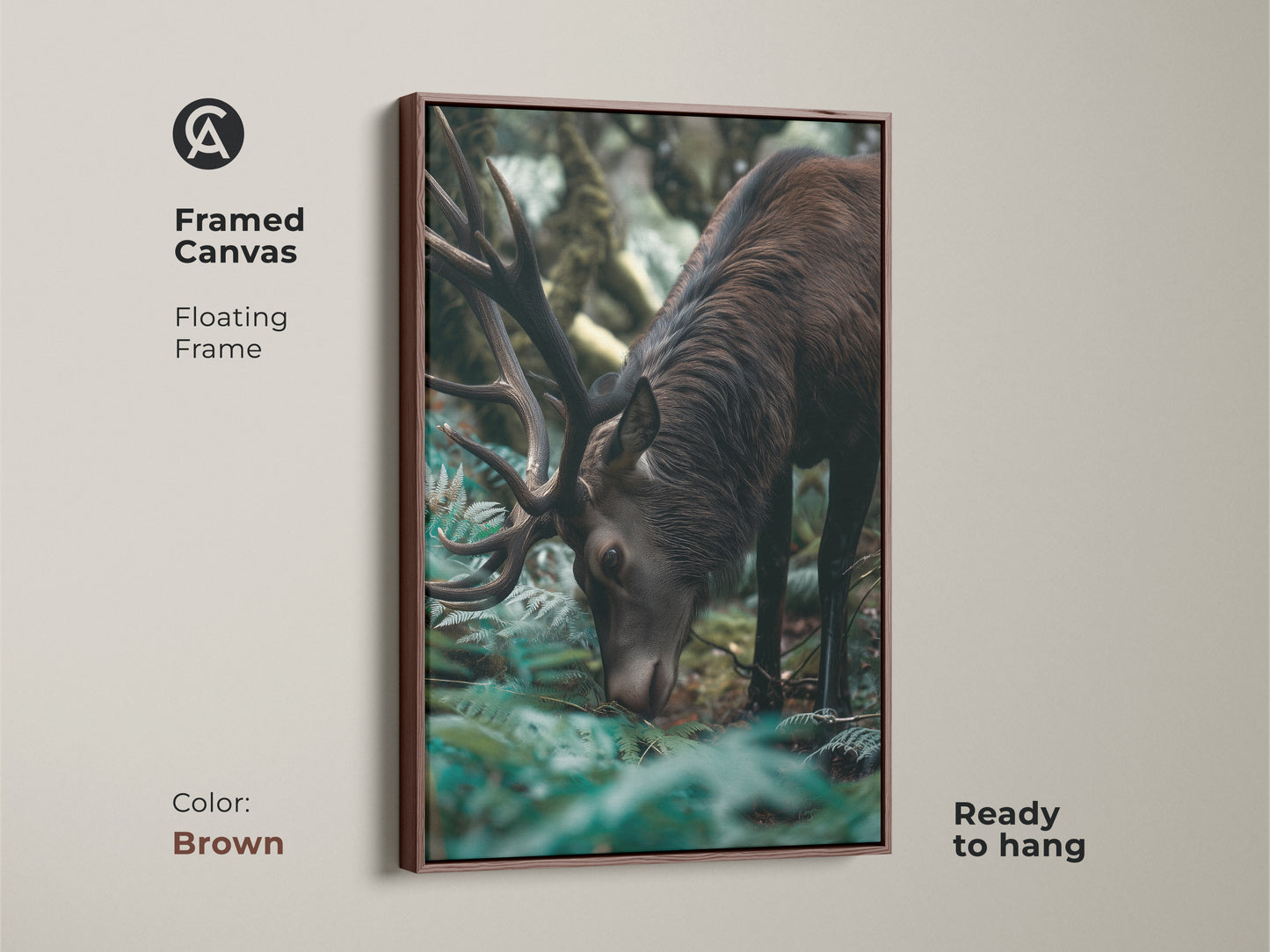 Framed canvas of a photorealistic elk in a forest. The rustic brown frame enhances the forest green wildlife art. This deer nature decor is perfect as a housewarming gift. Ready to hang in any room.