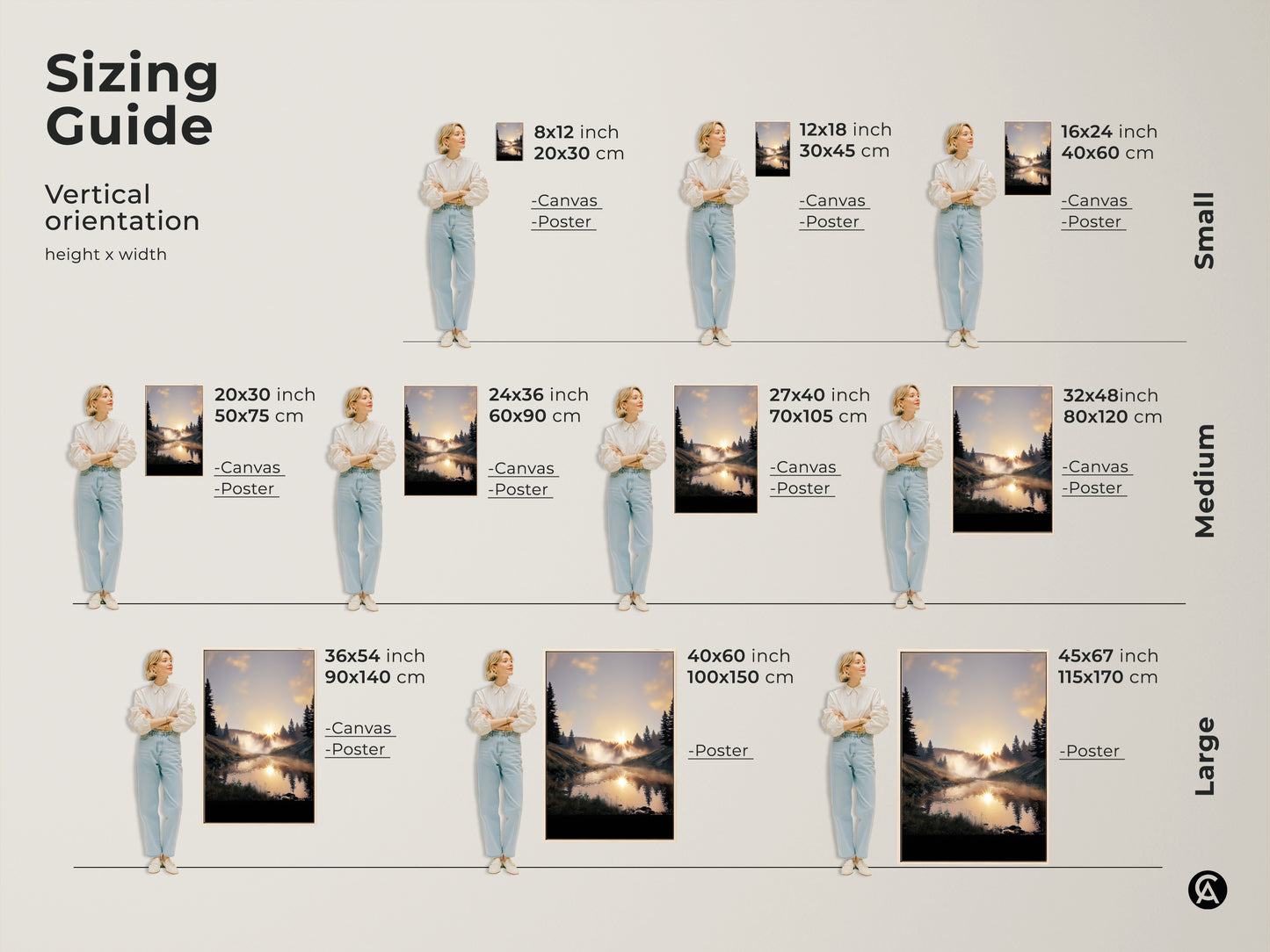 Sizing guide for vertical forest sunrise canvas and poster prints. Available in small medium and large sizes. Choose the perfect scale for your rustic landscape art. Ideal for bedroom landscape art.