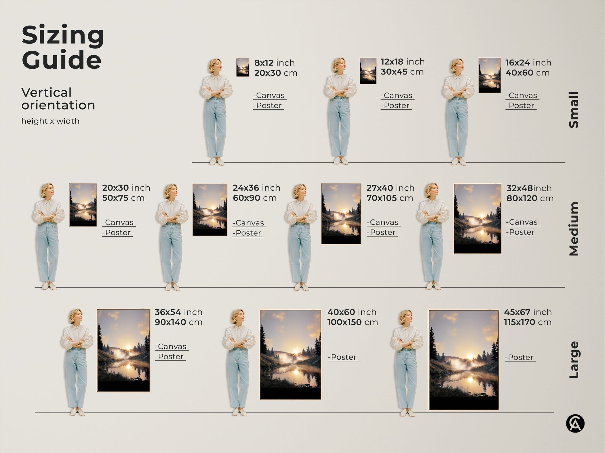 Sizing guide for vertical forest sunrise canvas and poster prints. Available in small medium and large sizes. Choose the perfect scale for your rustic landscape art. Ideal for bedroom landscape art.