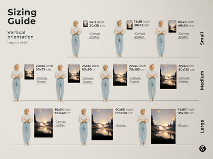 Sizing guide for vertical forest sunrise canvas and poster prints. Available in small medium and large sizes. Choose the perfect scale for your rustic landscape art. Ideal for bedroom landscape art.