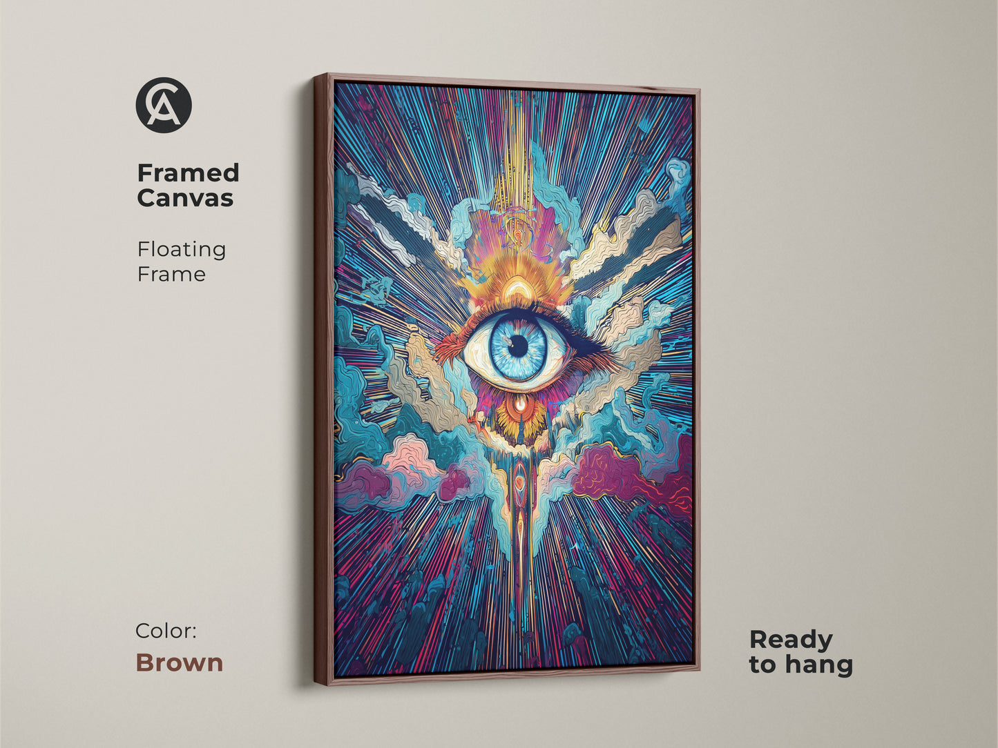 Framed canvas art in brown is ready to hang. The psychedelic eye wall art features a floating frame. Spiritual sunburst canvas art brings cosmic abstract vision. Teal orange and blue artwork enhances meditation room decor.