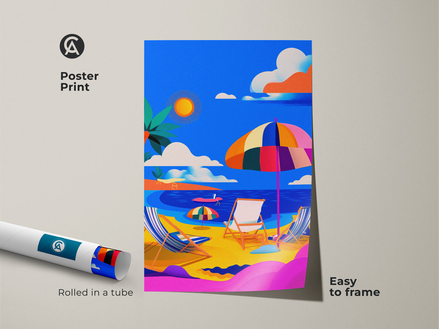 Poster print of a vibrant beach scene. This colorful artwork is easy to frame and perfect for adding a touch of summer to your home. The beach umbrella and chairs evoke a sense of relaxation. Rolled in a tube for protection this museum-quality paper print is ready to be displayed.