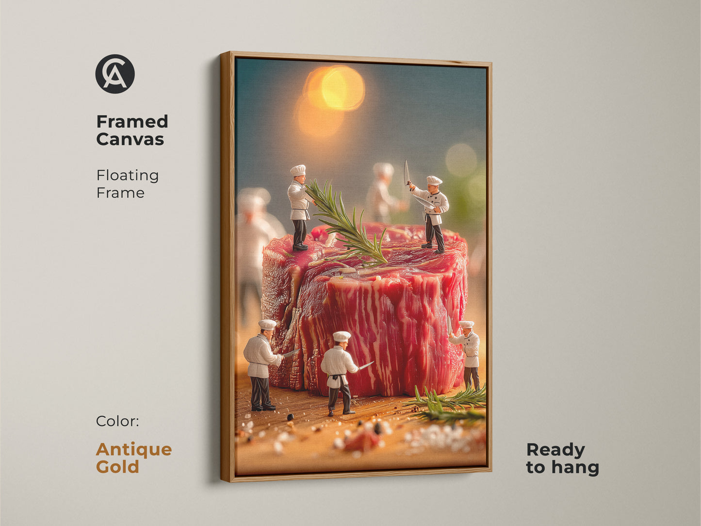 Antique gold framed canvas artwork of miniature chefs preparing a giant steak. The floating frame adds elegance. Ready to hang this art brings a culinary vibe to your space. The artwork shows a culinary scene with rosemary and spices. Perfect for kitchen or dining room decor.