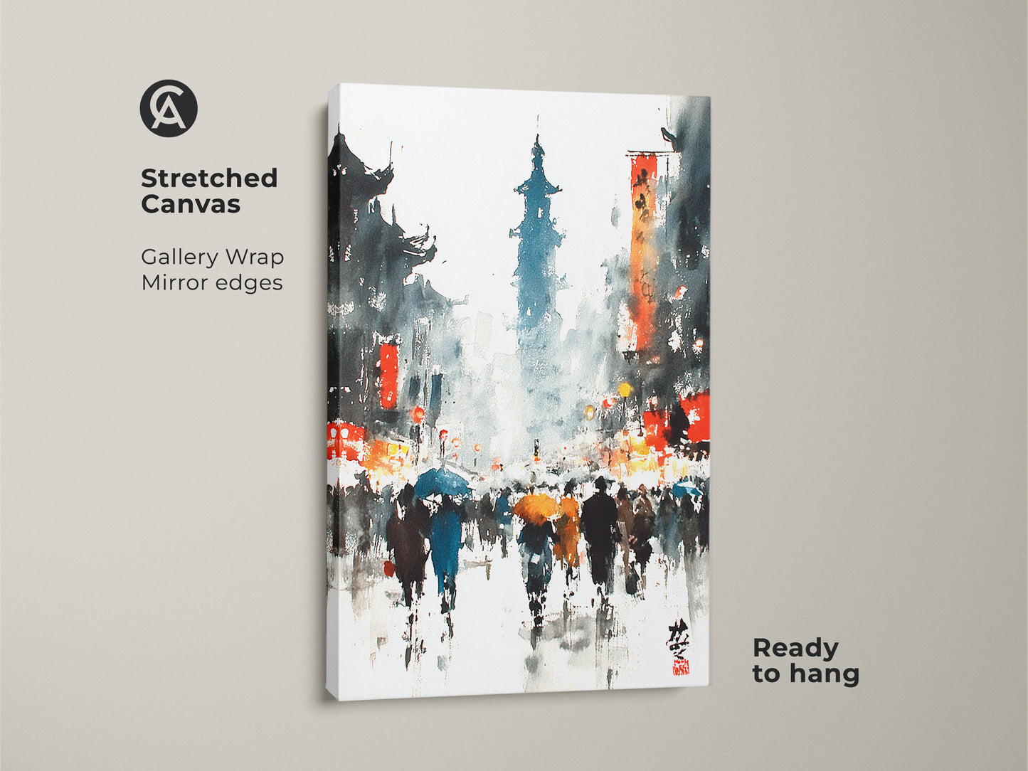 This gallery wrapped canvas displays a vibrant Asian street scene. The watercolor artwork features people with umbrellas in the rain. Ready to hang this piece provides a modern touch.