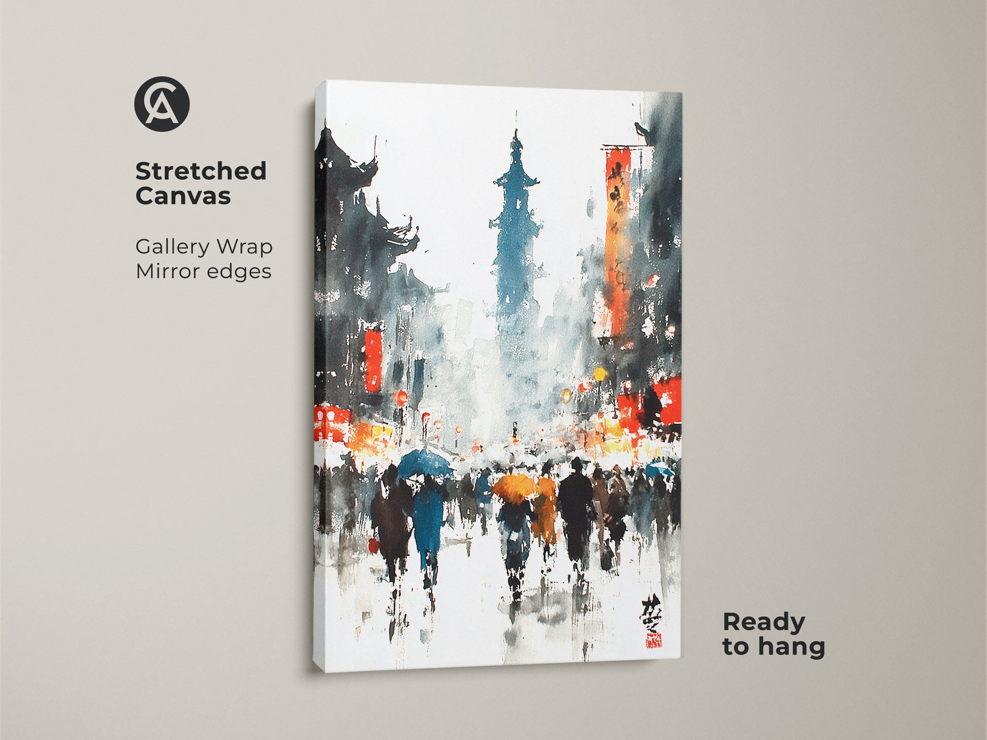 This gallery wrapped canvas displays a vibrant Asian street scene. The watercolor artwork features people with umbrellas in the rain. Ready to hang this piece provides a modern touch.