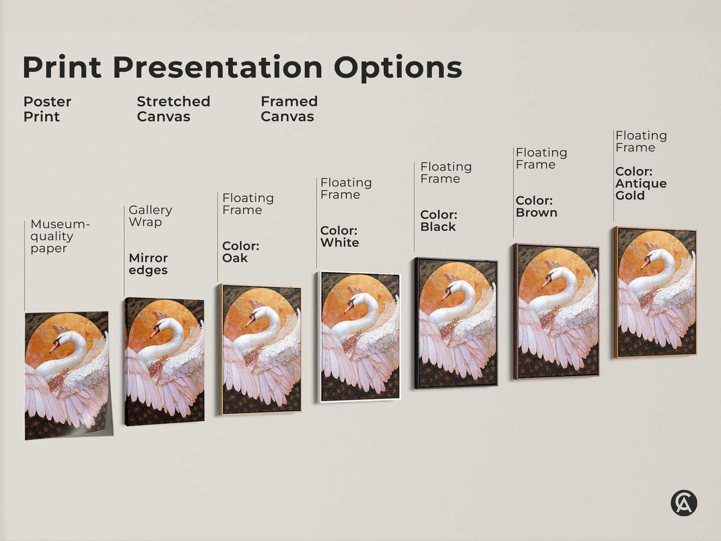 Print presentation options for crowned swan artwork. Choose from poster prints stretched canvas or framed canvas. Many Frame color options available. Museum-quality edges & ready to hang options are great for eclectic homes. This is a memorable gift idea.