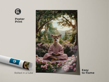 Boho Forest Meditation Deer Art Print on Museum-quality paper. This spiritual nature canvas arrives rolled in a tube. It is easy to frame and perfect as pink green bedroom decor or art for yogis gift.