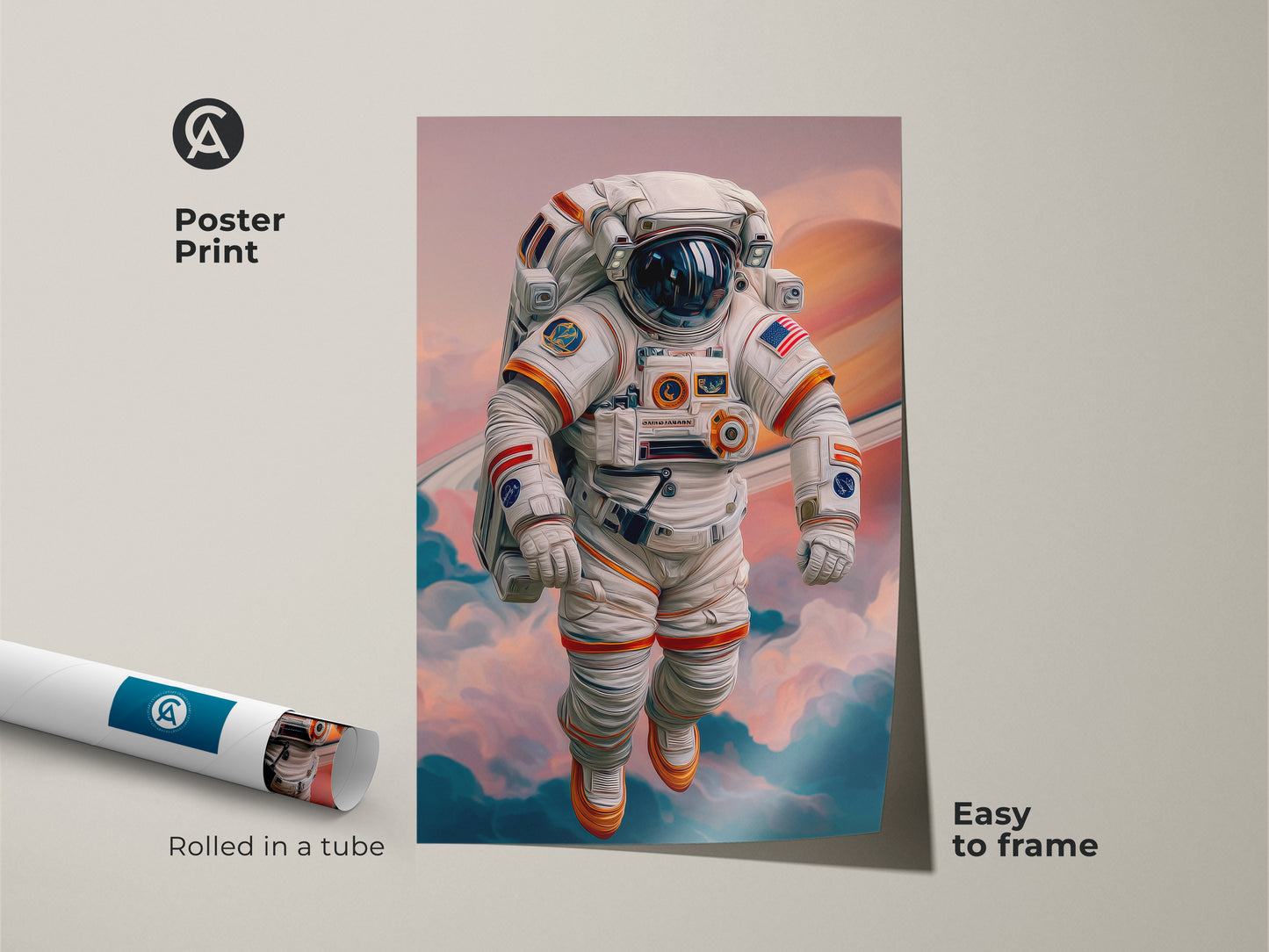 Bring cosmic art to your home or office with our astronaut poster print. This unique artwork shows an astronaut suspended in space near Saturn rings. This Contemporary digital painting combines teal and orange with sci-fi aesthetics. A great gift for sci-fi fans rolled in a tube.