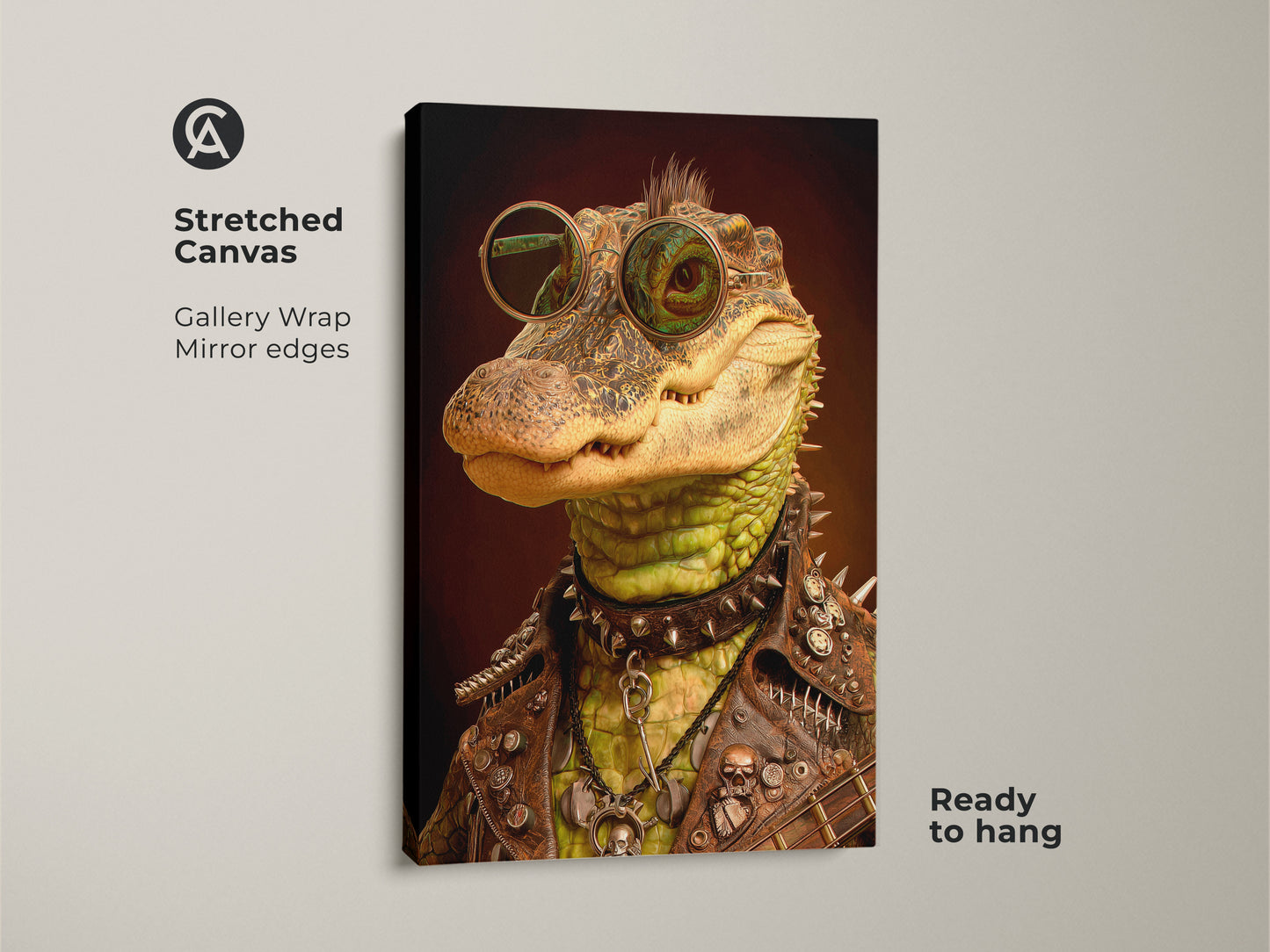 This stretched canvas features a punk rock alligator. The artwork shows the animal with sunglasses a leather jacket & a studded collar. It is ready to hang and will add to any eclectic home art collection. Makes a music lover gift idea and a cool man cave decor.