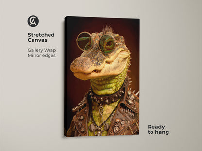 This stretched canvas features a punk rock alligator. The artwork shows the animal with sunglasses a leather jacket & a studded collar. It is ready to hang and will add to any eclectic home art collection. Makes a music lover gift idea and a cool man cave decor.