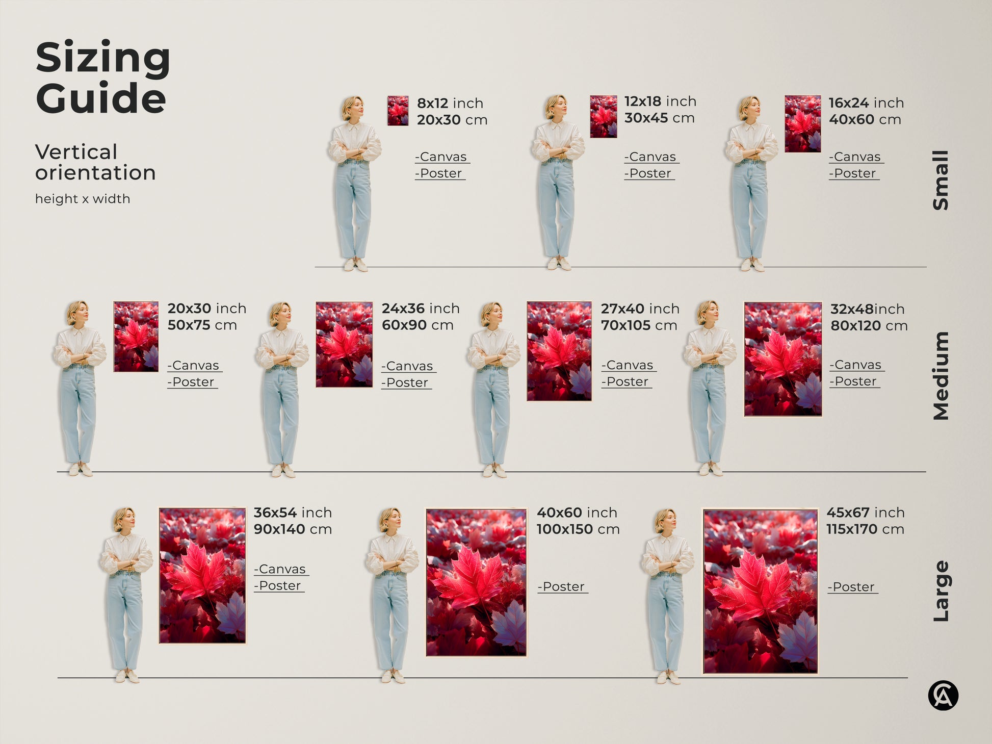 Sizing guide for vertical orientation red maple leaf art. Available in small medium and large sizes for canvas and poster prints. Find the perfect wall art size to complement your space. Shop now.
