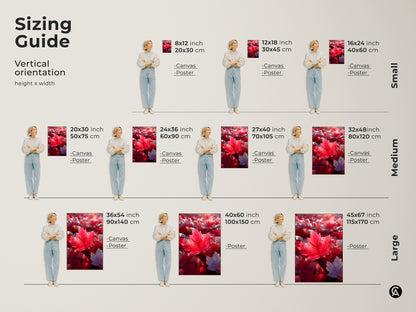 Sizing guide for vertical orientation red maple leaf art. Available in small medium and large sizes for canvas and poster prints. Find the perfect wall art size to complement your space. Shop now.