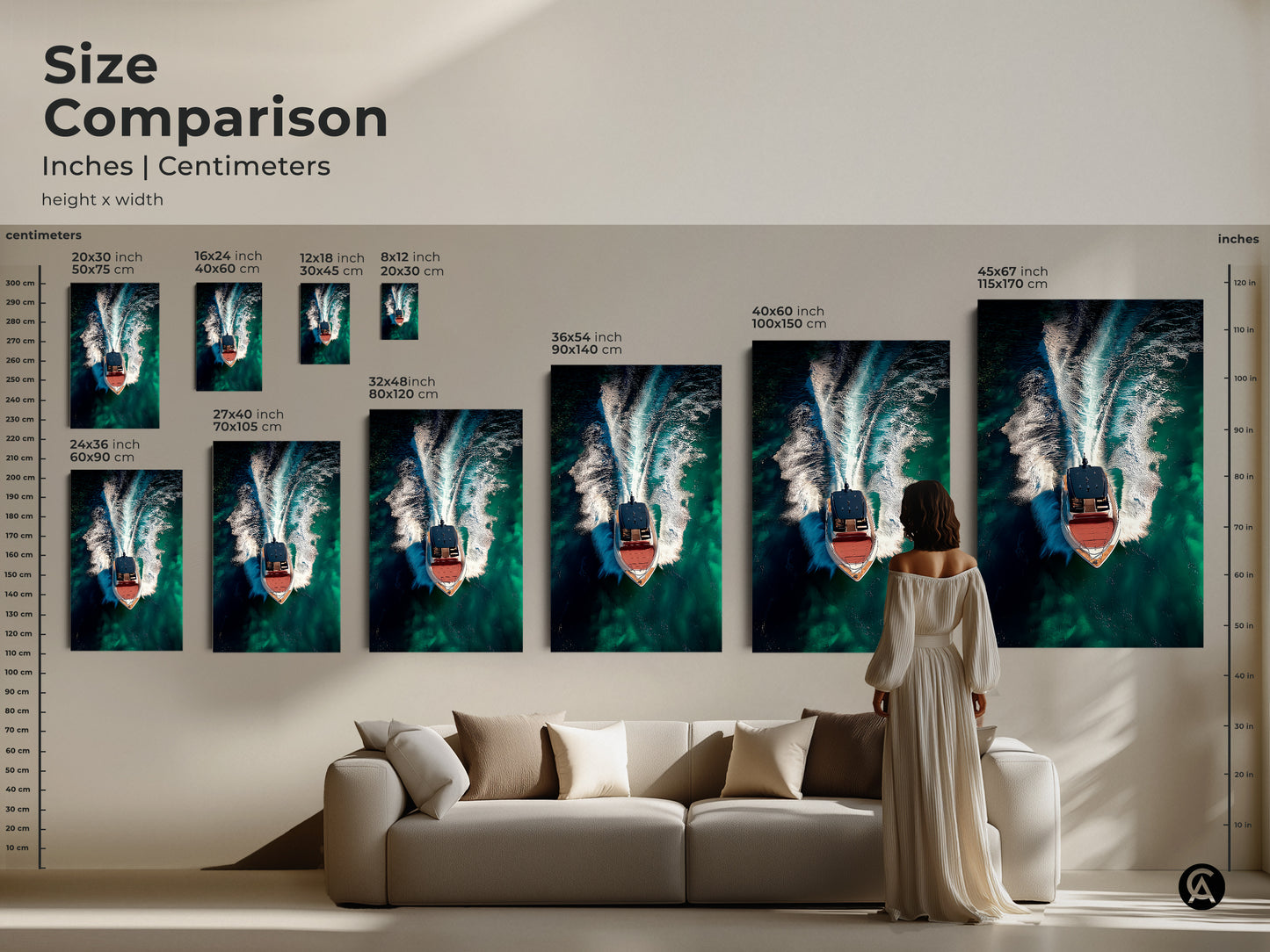 Size comparison of modern yacht artwork. See how emerald green ocean wall art looks in different sizes. From small prints to large canvases. Ideal for contemporary boat art and turquoise ocean art.