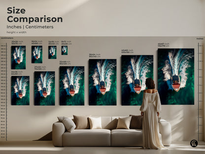 Size comparison of modern yacht artwork. See how emerald green ocean wall art looks in different sizes. From small prints to large canvases. Ideal for contemporary boat art and turquoise ocean art.
