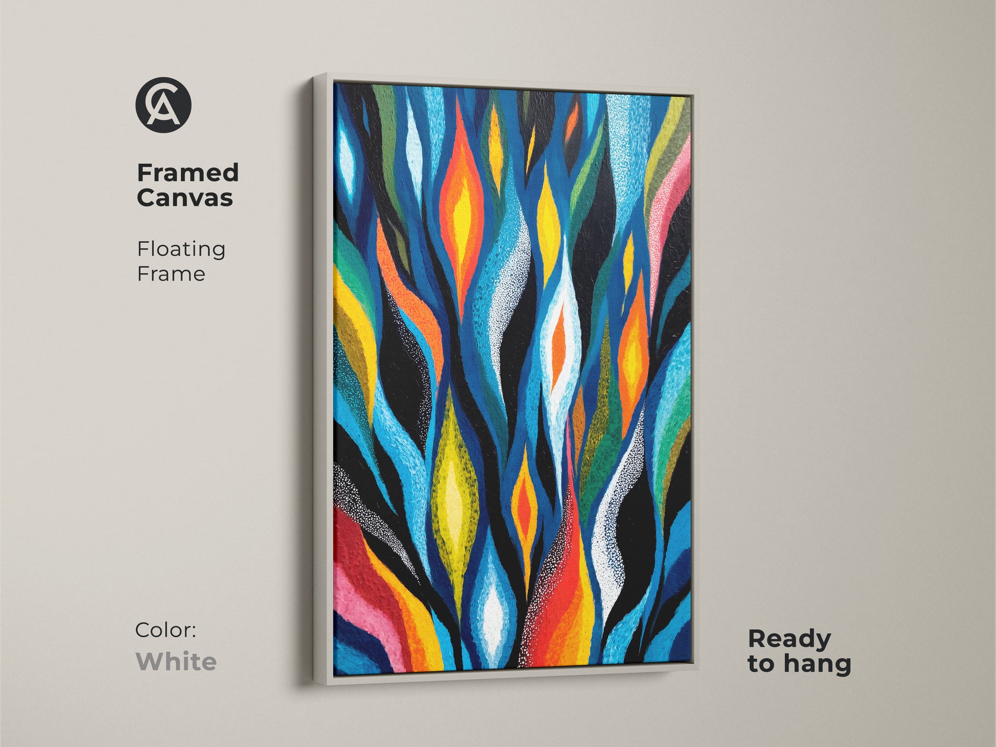 A framed canvas with a floating white frame showcases the modern abstract flame leaf artwork. The deep blues bright oranges and yellows create a vibrant contrast. This wall decor brings a contemporary touch.