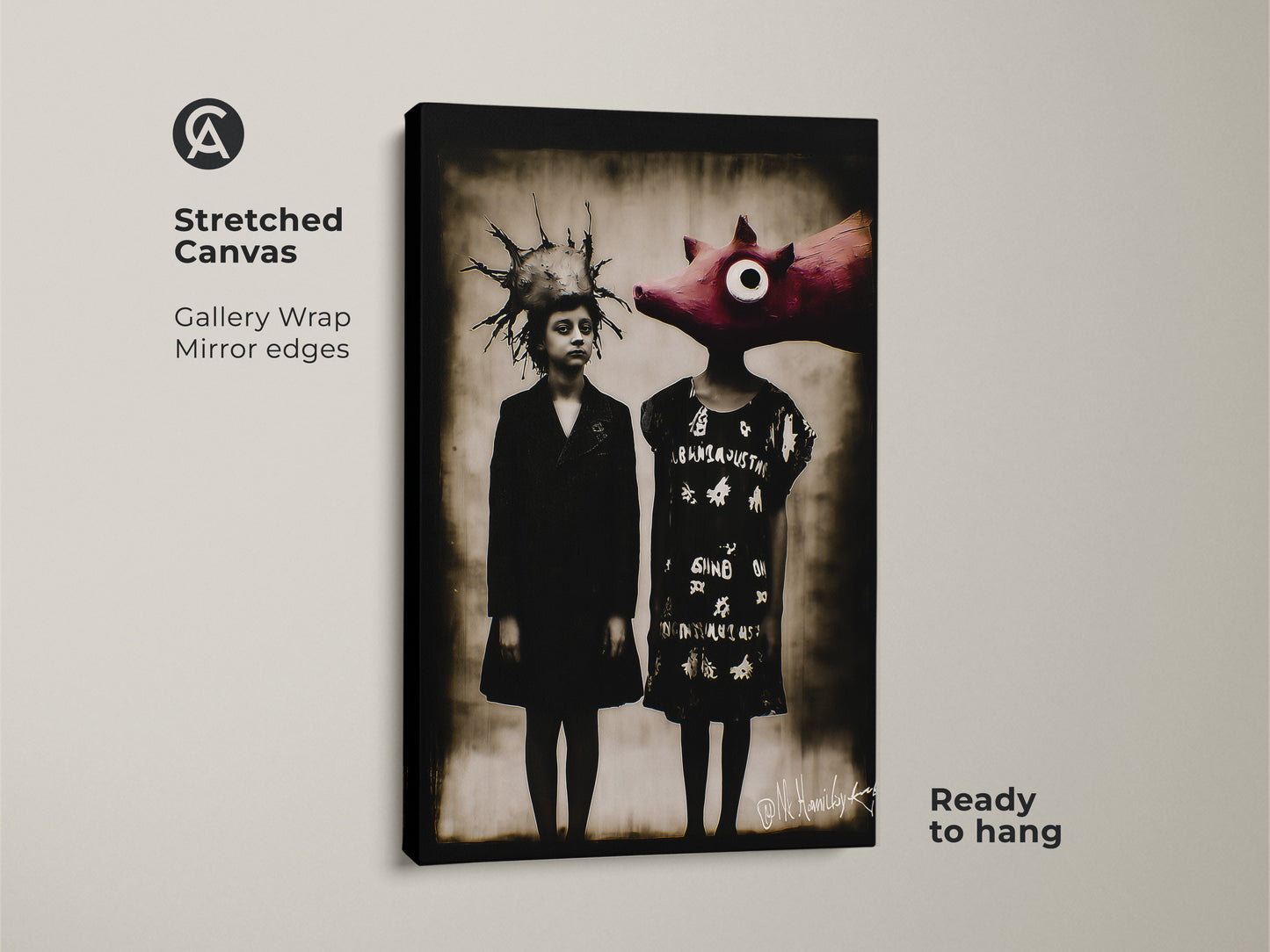 Stretched canvas gallery wrap of a surreal child pig art print. Ready to hang this dark academia wall art in your study room or office. This eclectic home decor print features a unique figurative surrealism. The sepia tone wall decor makes it an unusual wall hanging.