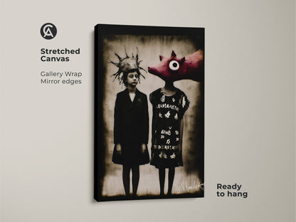 Stretched canvas gallery wrap of a surreal child pig art print. Ready to hang this dark academia wall art in your study room or office. This eclectic home decor print features a unique figurative surrealism. The sepia tone wall decor makes it an unusual wall hanging.